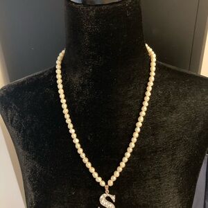 Pearl Necklace with Silver and Gold Hardware Letter S Rhinestone Pendant